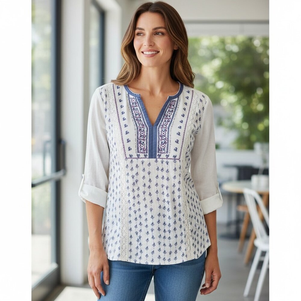 Nurture Embroidered Beaded Lace Accent Stretch Top Sz S #201M